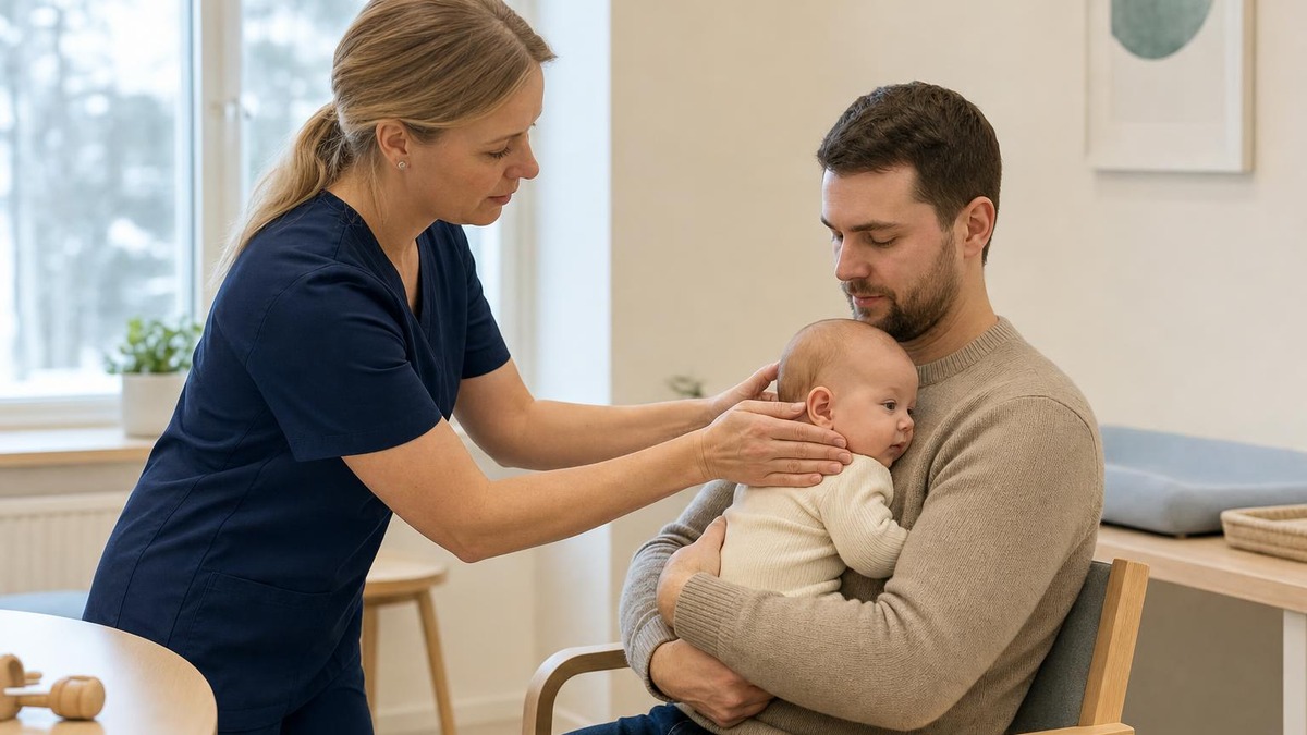 Hoitaja neuvoo isää tukemaan sylissä olevan vauvan päätä ja niskaa turvallisesti